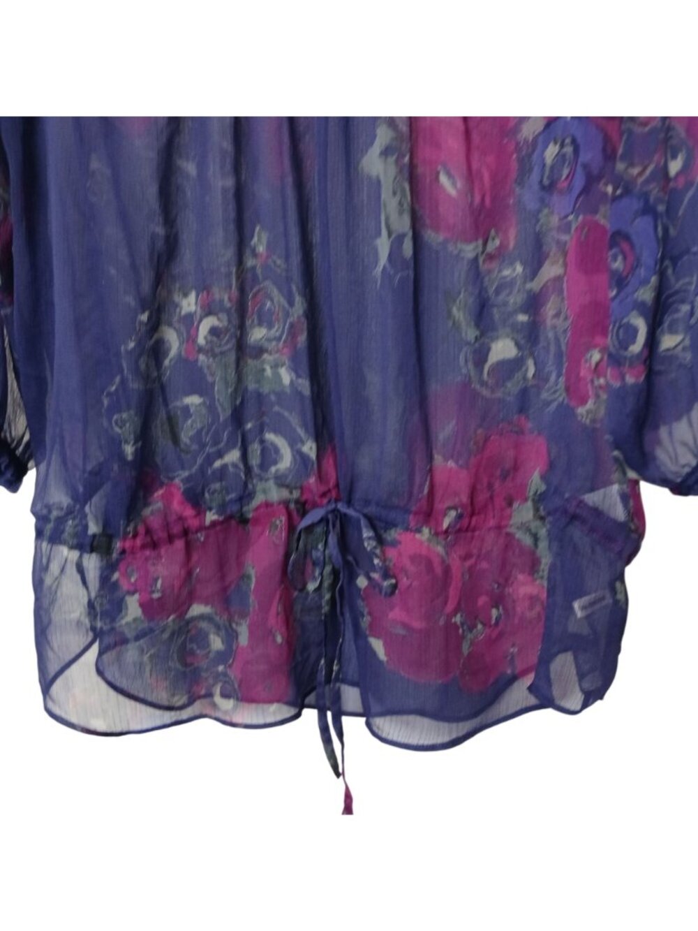 New York & Co Womens XL Sheer Floral Blouse Purple 3/4 Sleeve Drawstring *D-17 - Picture 8 of 11